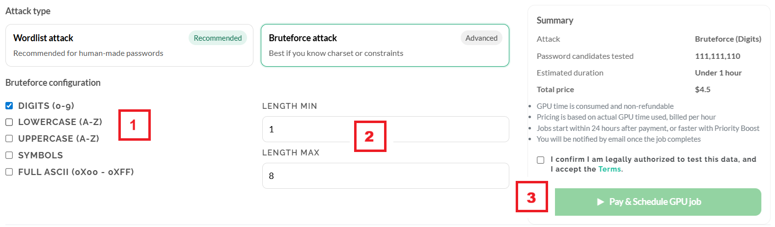OnlineHashCrack brute-force configuration with charset and length options