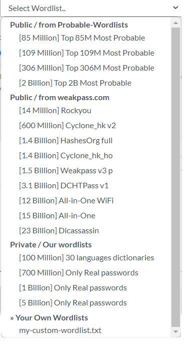OnlineHashCrack custom wordlist search configuration